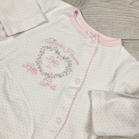 ECRS2 - Little Me white and pink polka dot cotton sleeper. Size 3 months