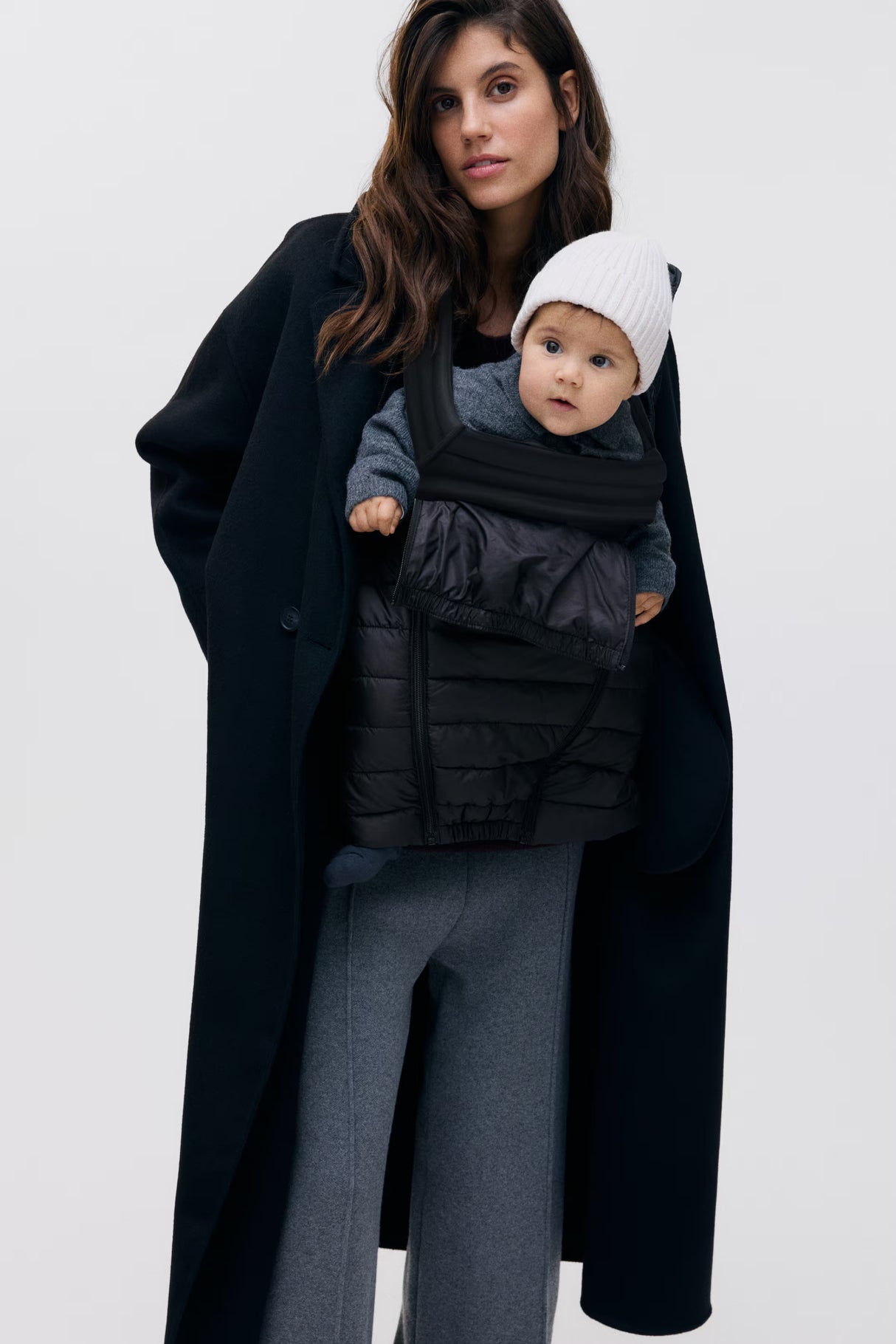 H and M black quilted "Before and After" Baby Wearing Puffer Jacket | Size LARGE