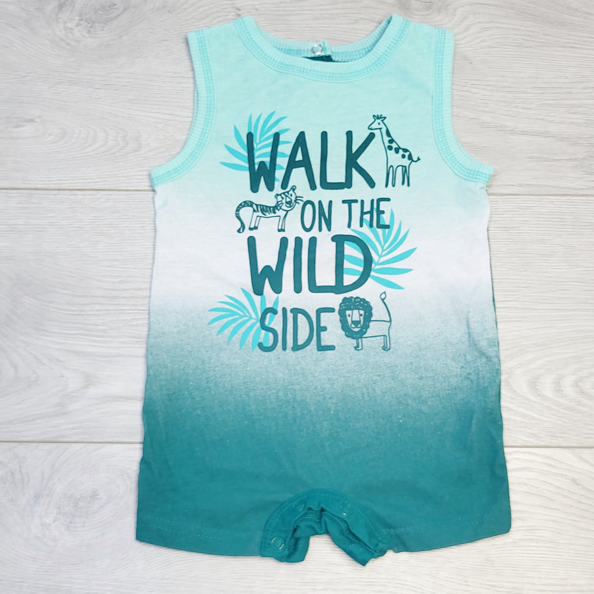 CHOL1 - George teal "Walk on the Wild Side" romper, size 6-12 months