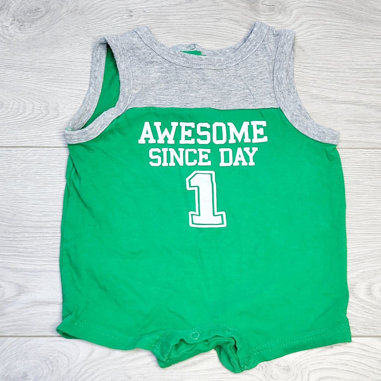 CHOL1 - George grey and green "Awesome Since Day One" romper, size 3-6 months
