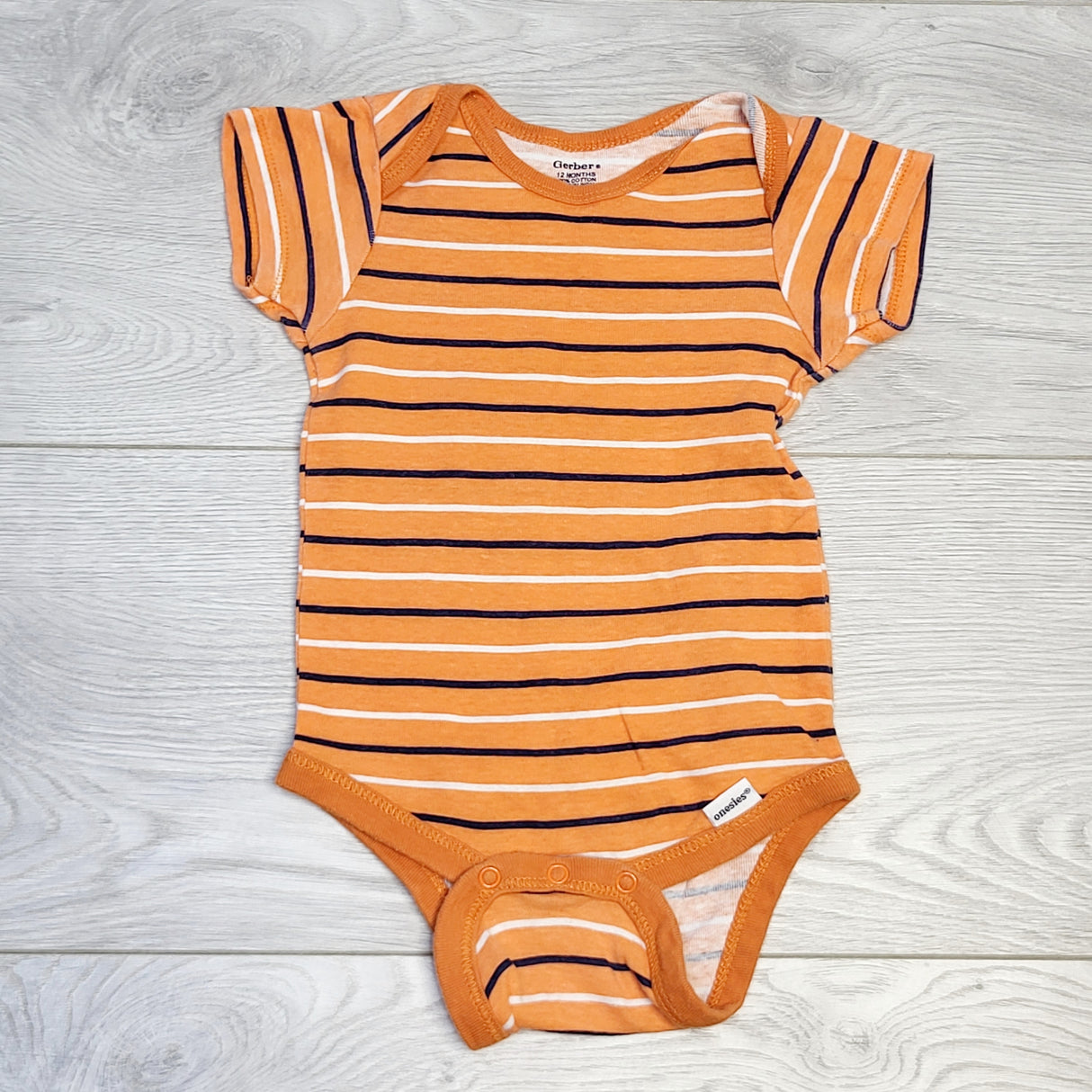 CHOL1 - gerber orange striped onesie, size 12 months