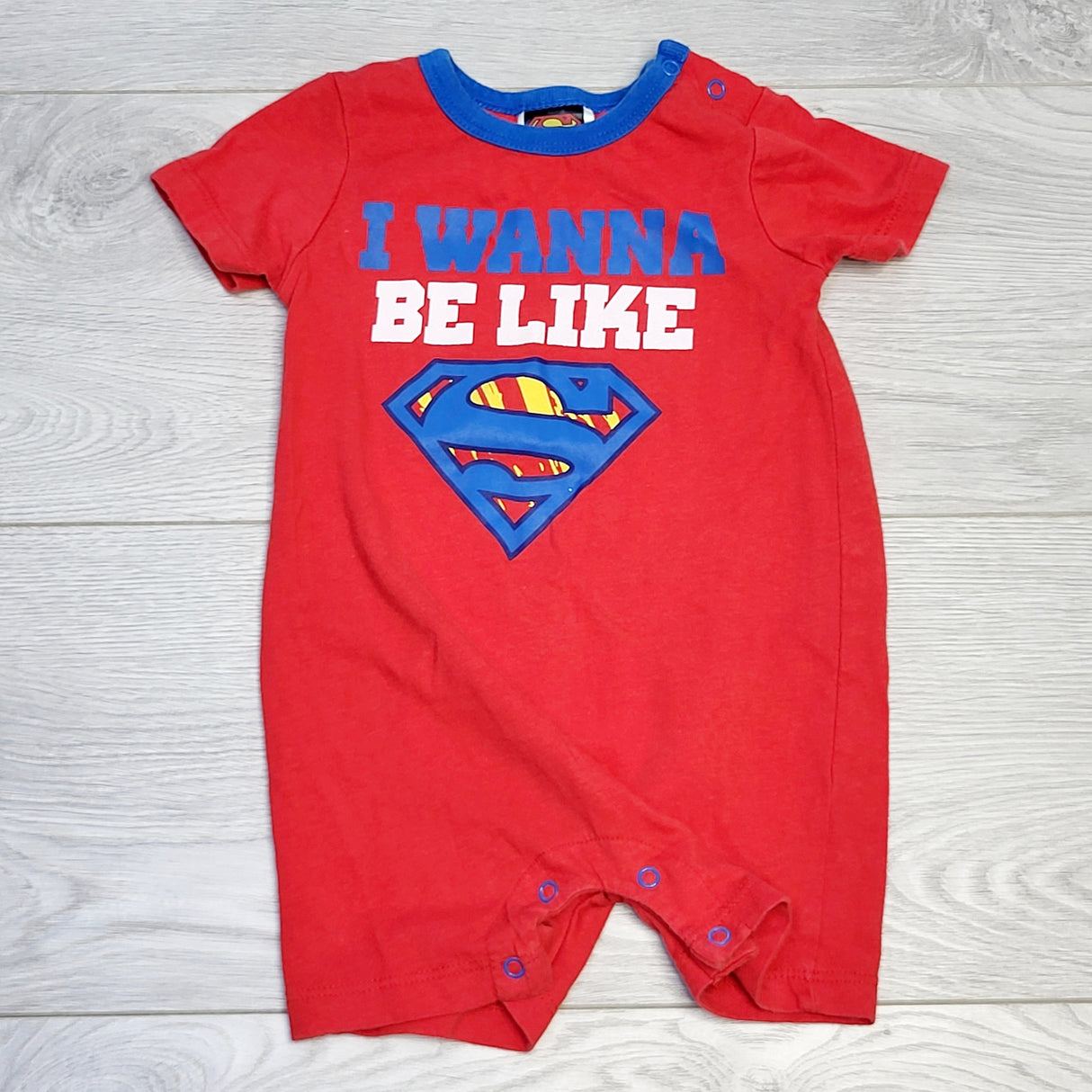 CHOL1 - Red and blue Superman cotton romper, size 3-6 months