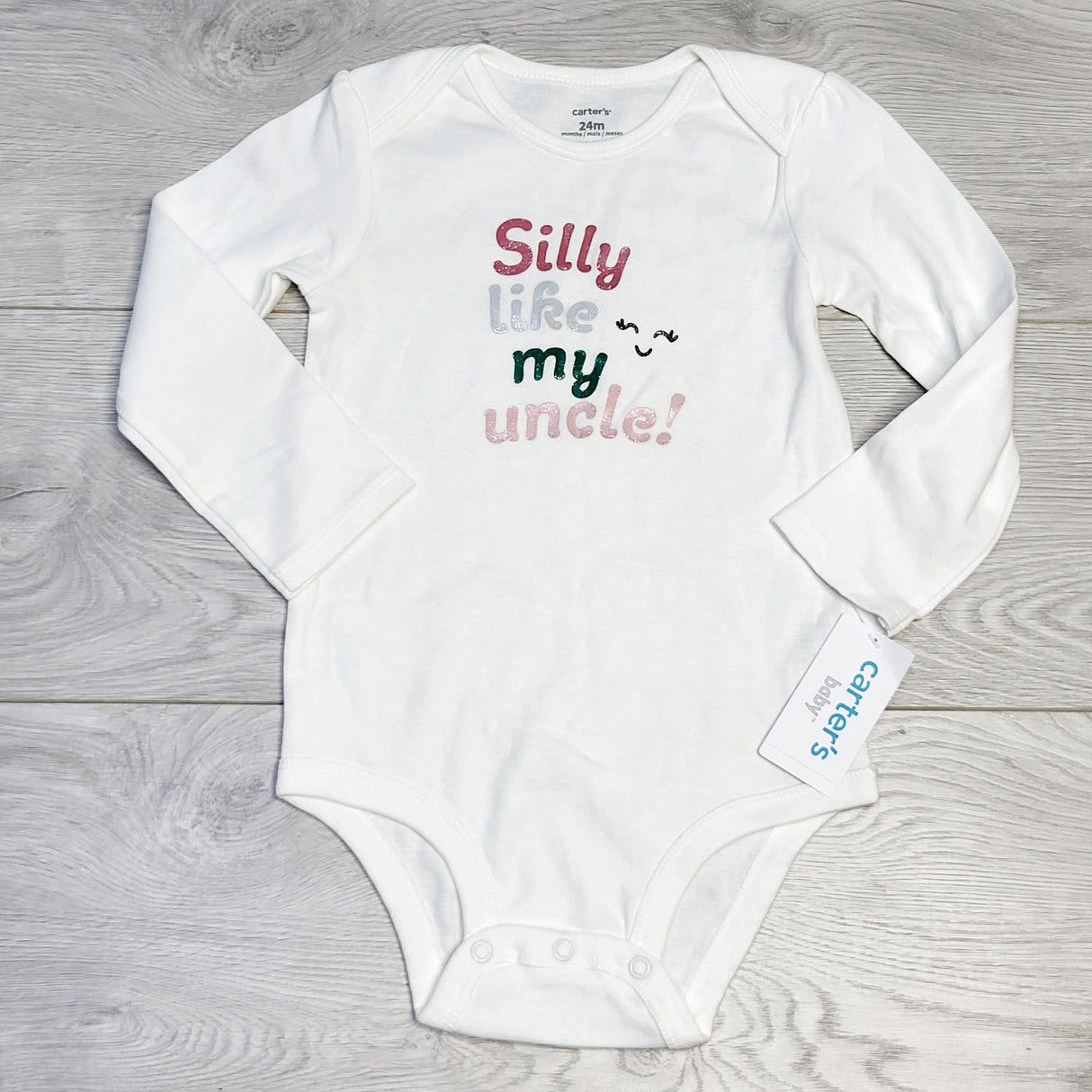 CHOL2 - NEW - Carters white "Silly Like My Uncle" onesie, 24 months