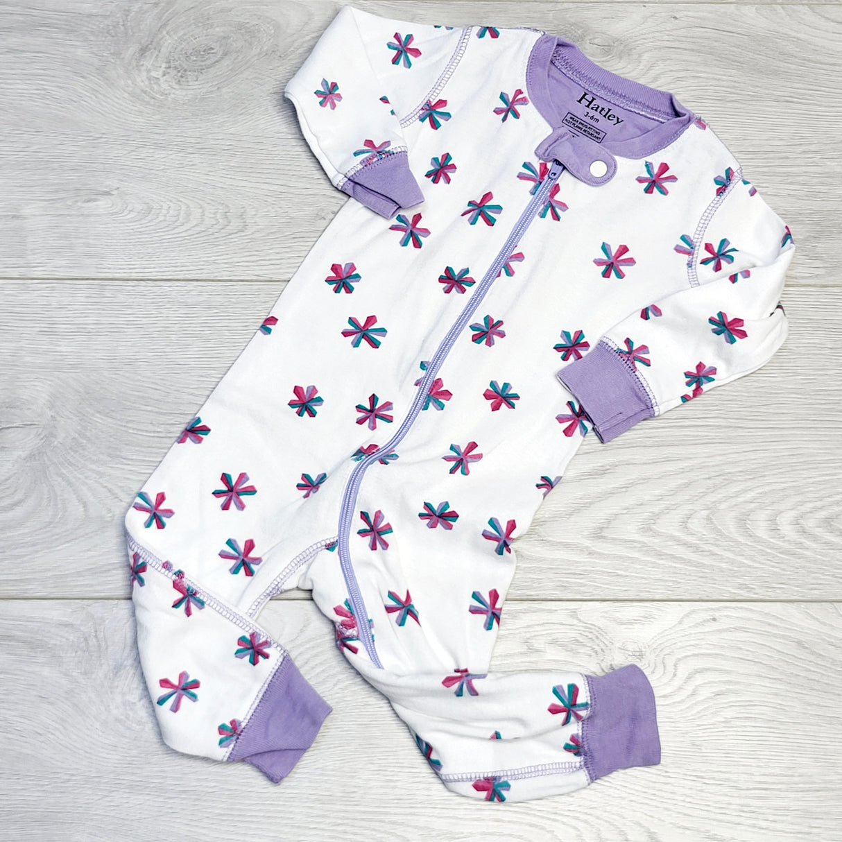 RZA1 - Hatley white zippered cotton sleeper with flowers. Size 3-6 months