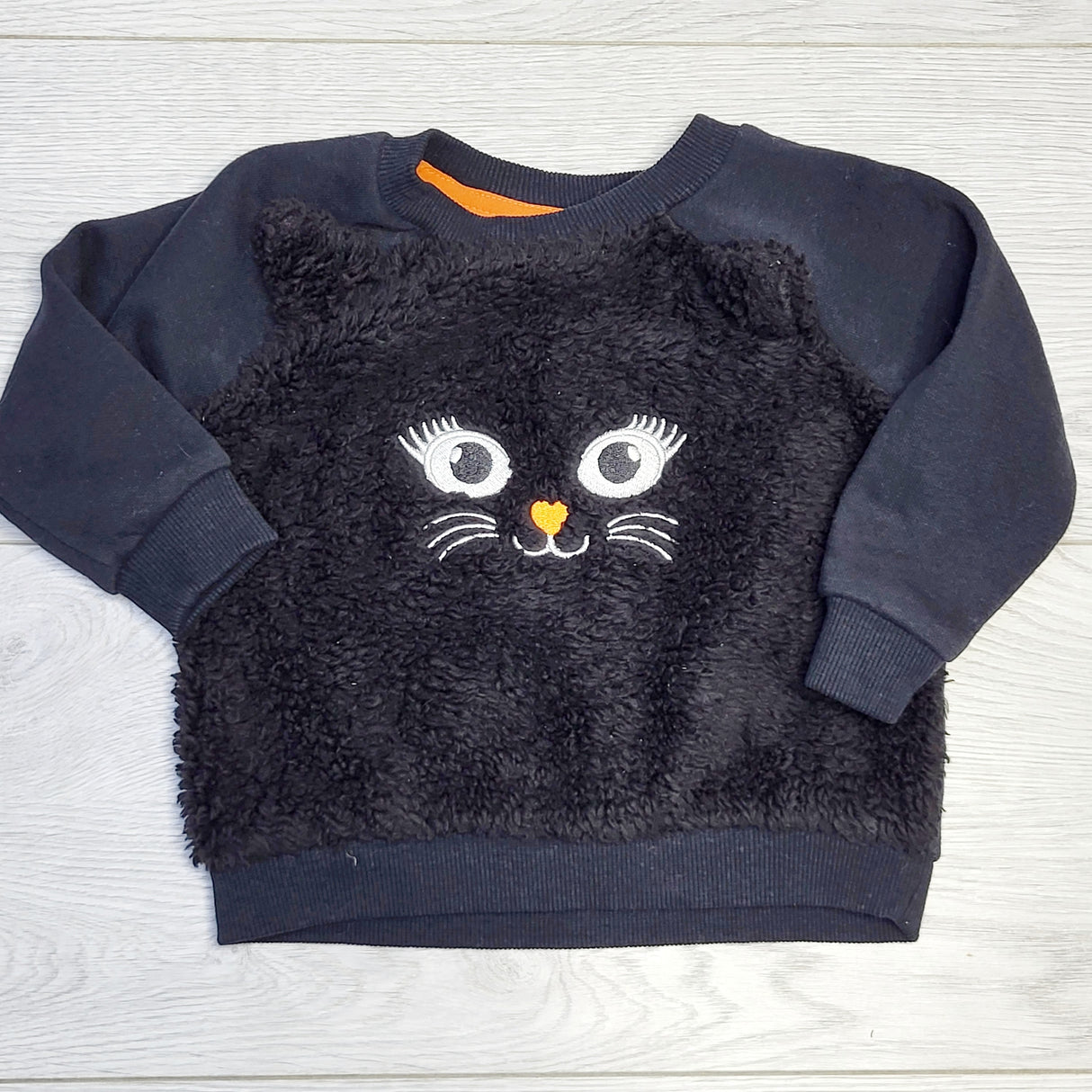 RZA1 - George black faux fur sweatshirt with cat, size 6-12 months