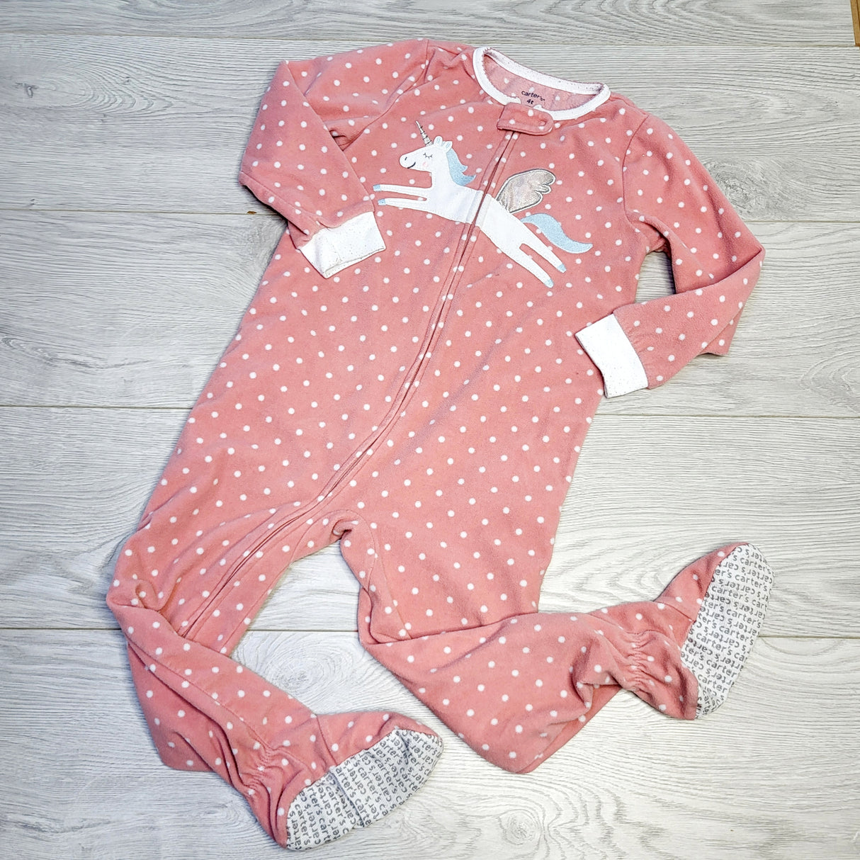 RZA1 - Carters pink polka dot zippered fleece sleeper with unicorn, size 4T