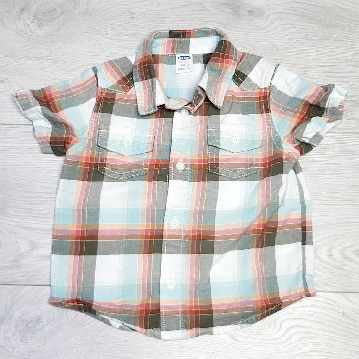 MSNDS1 - Old Navy plaid short sleeved button down shirt. Size 12-18 months