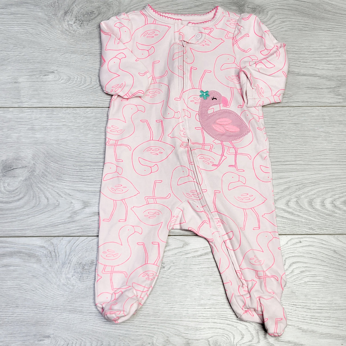 MSNDS1 - Child of Mine pink zippered cotton flamingo sleeper. Size 0-3 months