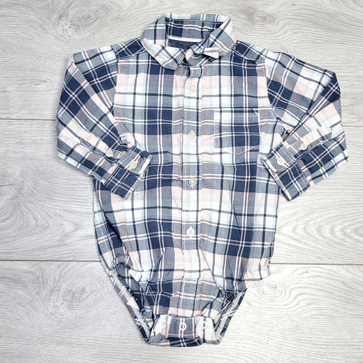MSNDS11 - Carters pink and blue plaid dress shirt onesie. Size 12 months