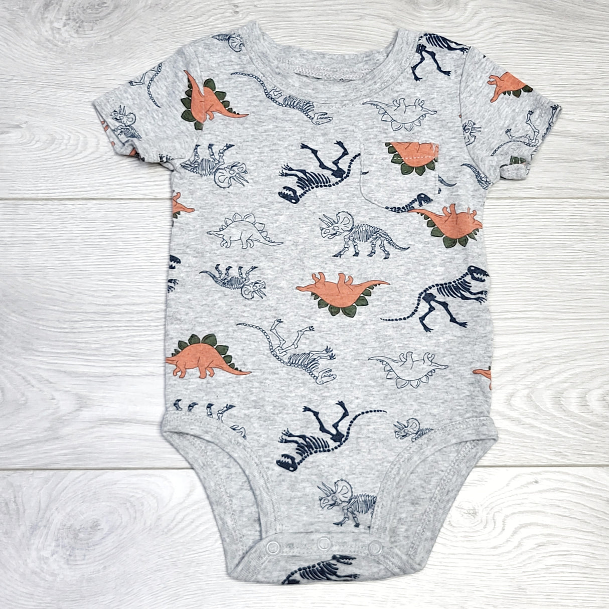 MSNDS11 - Carters grey onesie with dinosaurs. Size 9 months