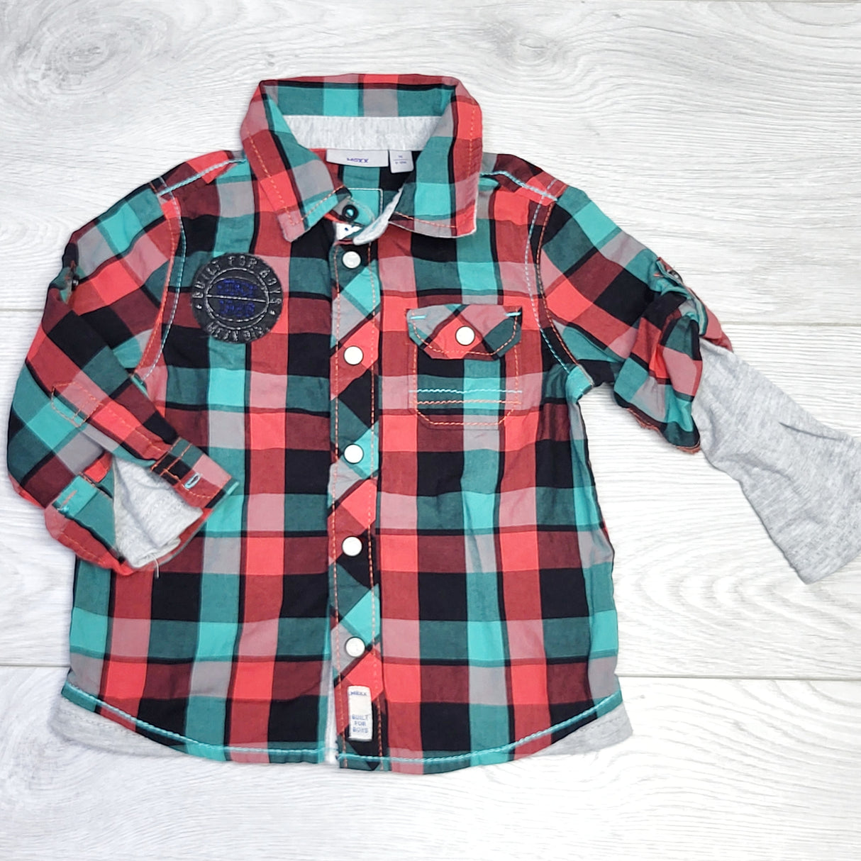 MSNDS11 - Mexx plaid button down fooler shirt with snap buttons. Size 9-12 months