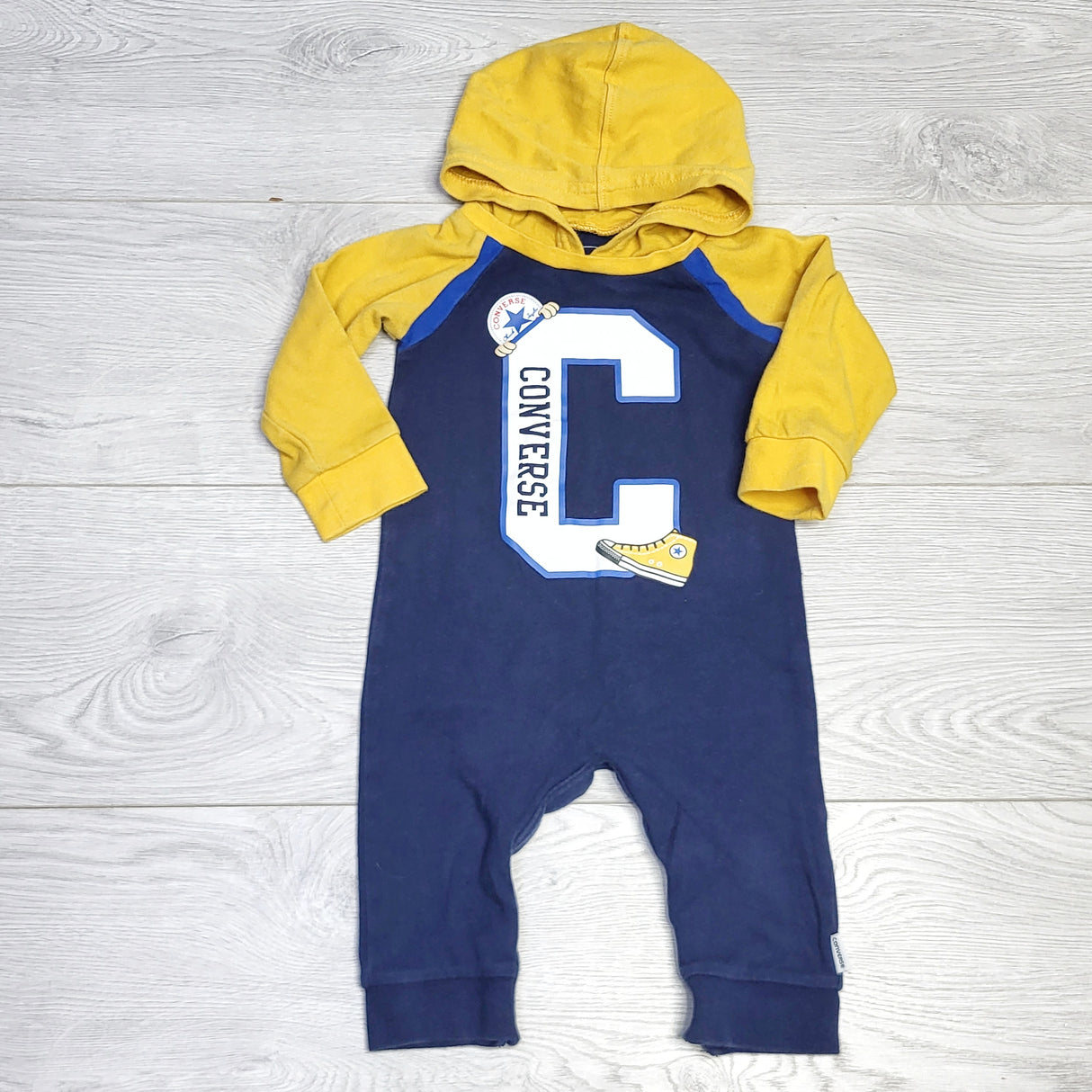 MSNDS11 - Converse navy and yellow hooded cotton romper. Size 9-12 months