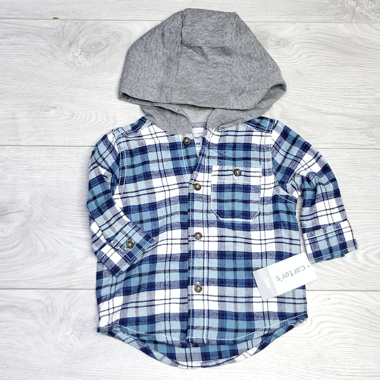 MSNDS11 - NEW - Carters blue plaid hooded button down flannel shirt. Size 3 months