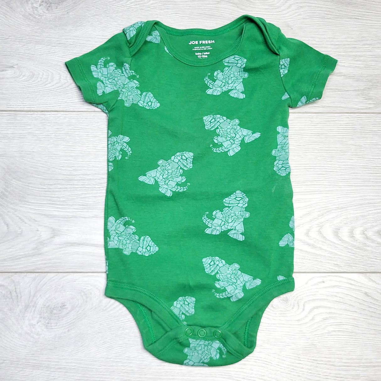 RZA2 - Joe green onesie with robotic dinosaurs. Size 12-18 months