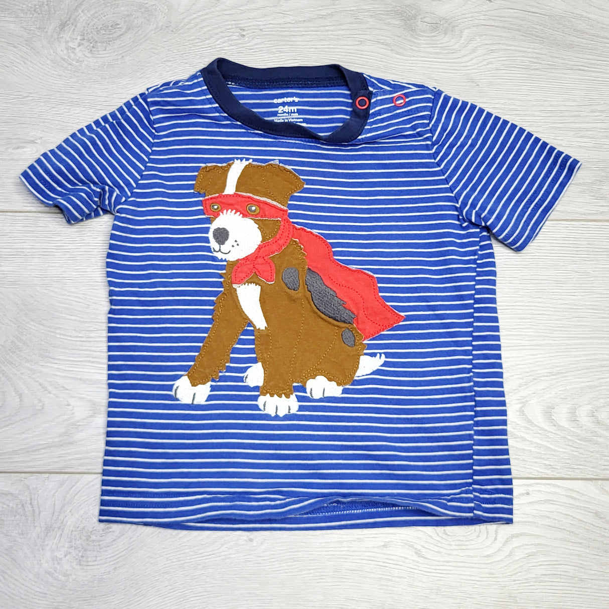 RZA2 - Carters blue striped t-shirt with super hero dog. Size 24 months