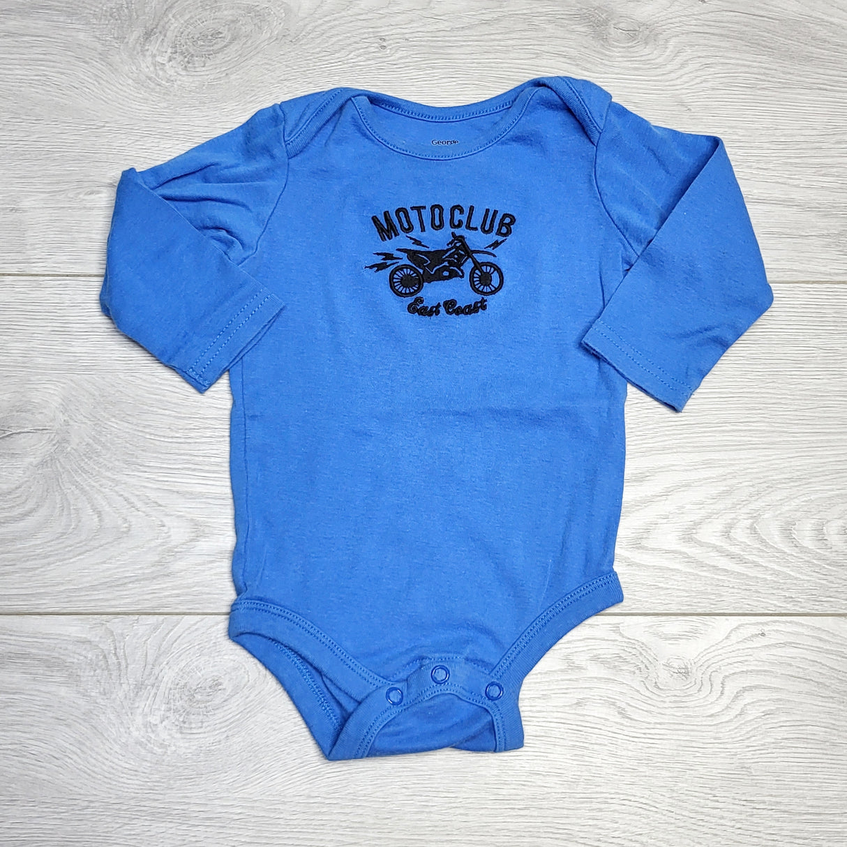 RZA2 - George blue "Moto Club" onesie. Size 6-12 months