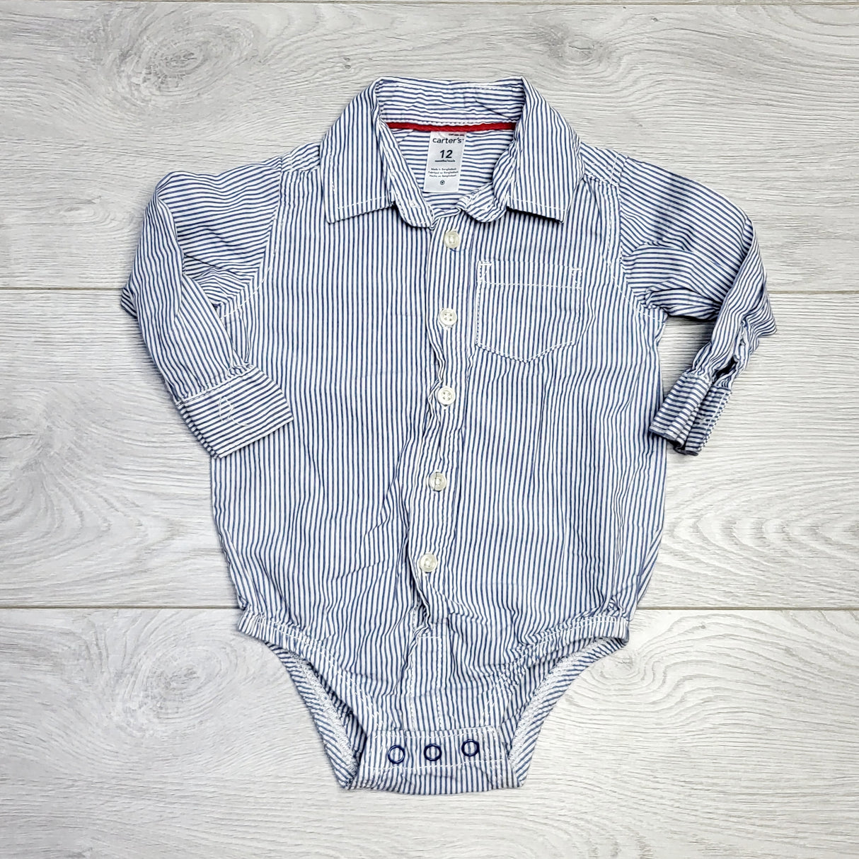 RZA2 - Carters blue striped button down onesie. Size 12 months