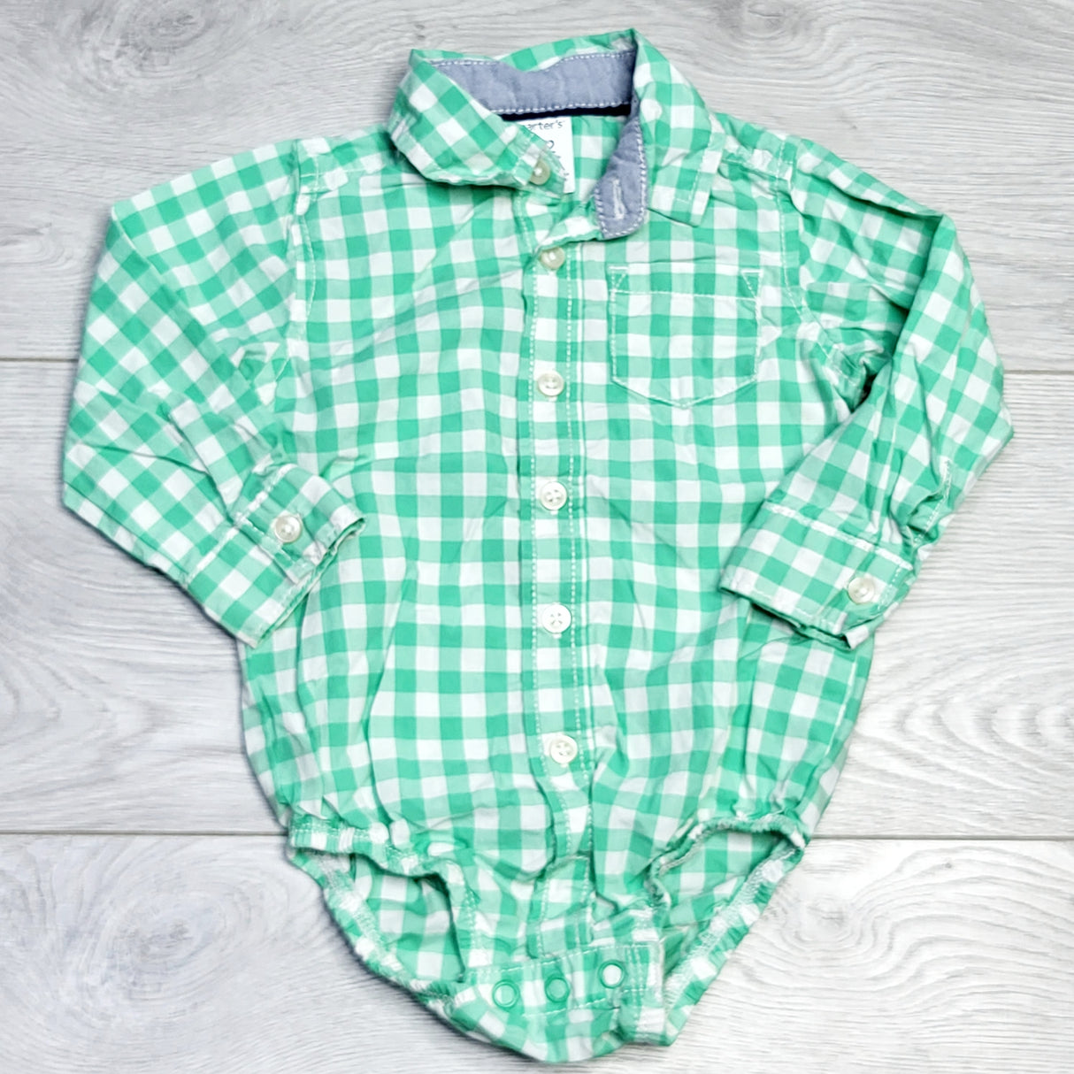 RZA2 - Carters green checked button down onesie. Size 12 months