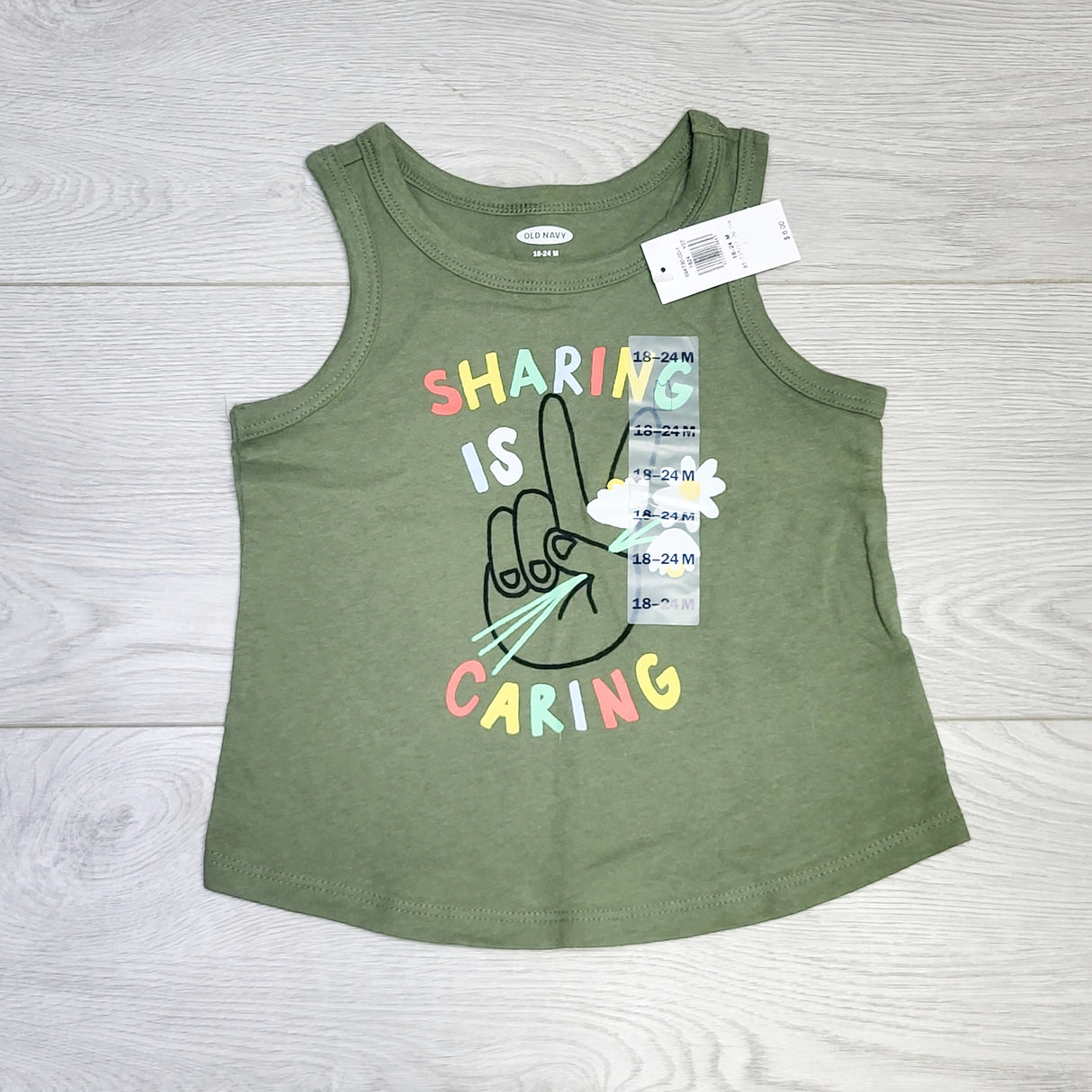CRTH1 - NEW - Old Navy green "Sharing is Caring" tank top. Size 18-24 months