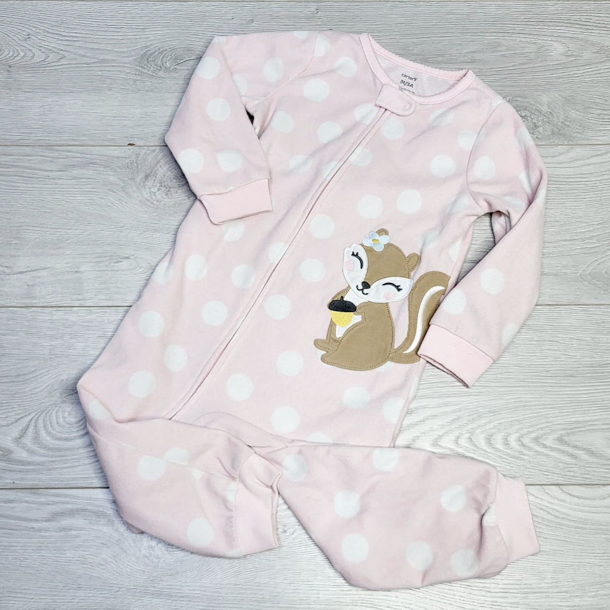 CRTH1 - Carters pink polka dot zippered fleece sleeper with squirrel. Size 3T
