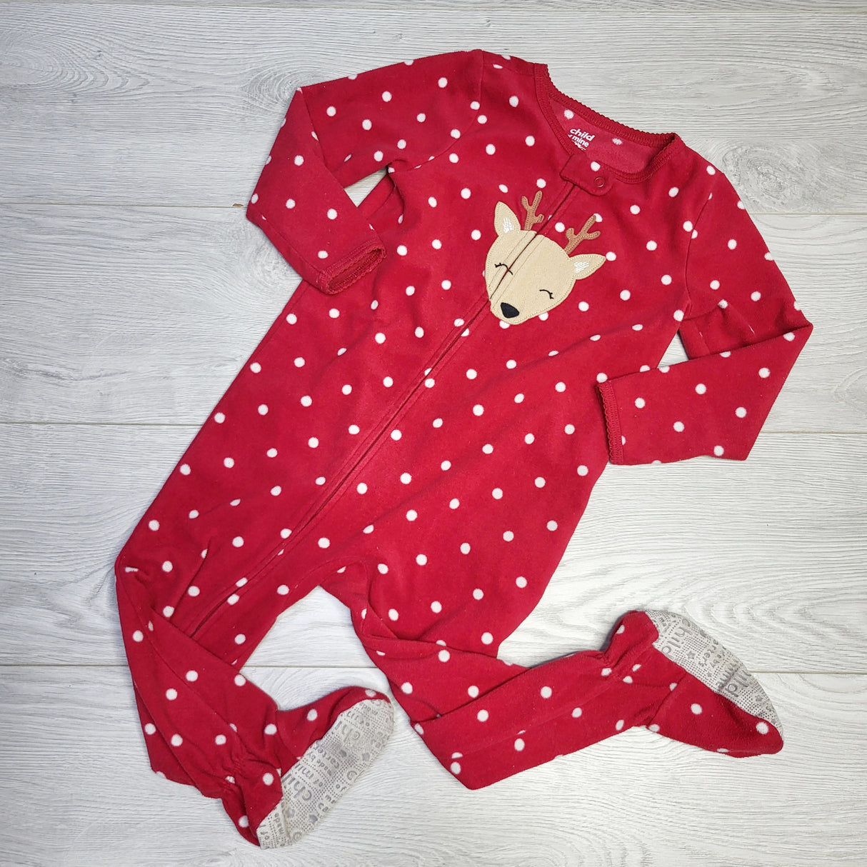 CRTH1 - Child of Mine red polka zippered fleece sleeper with reindeer. Size 2T