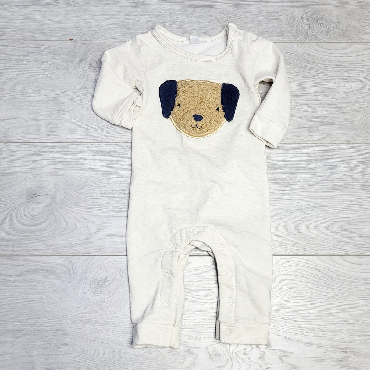 CRTH1 - PL Baby white fleecy lined romper with dog. Size 9 months