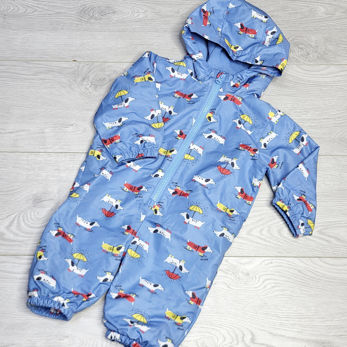 CRTH1 - Joe Fresh blue fleece lined rainsuit with dogs. Size 3-6 months