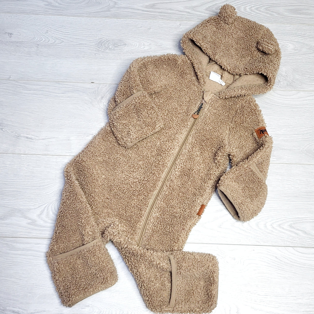 HWIL1 - Deux Par Deux brown plush sherpa one piece bunting suit. Size 12 months