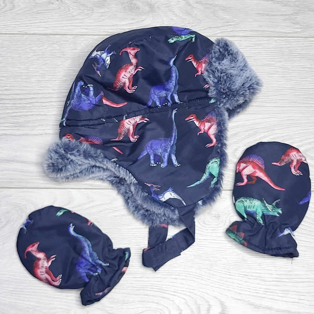 HWIL1 - Joe navy dinosaur trapper hat and mittens. size 0-12 months