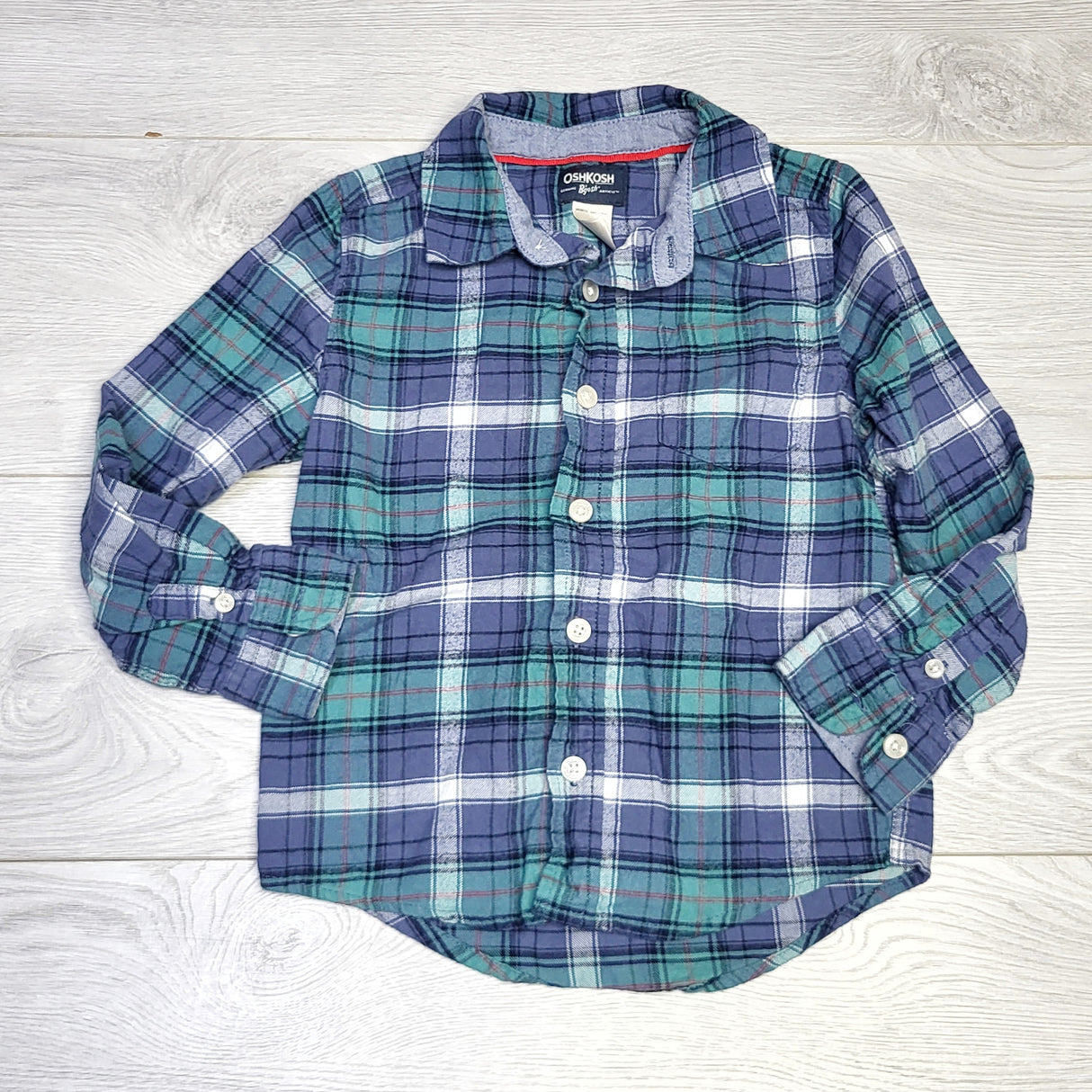 KJHN1 - Oshkosh blue and green plaid button down flannel shirt. Size 4T