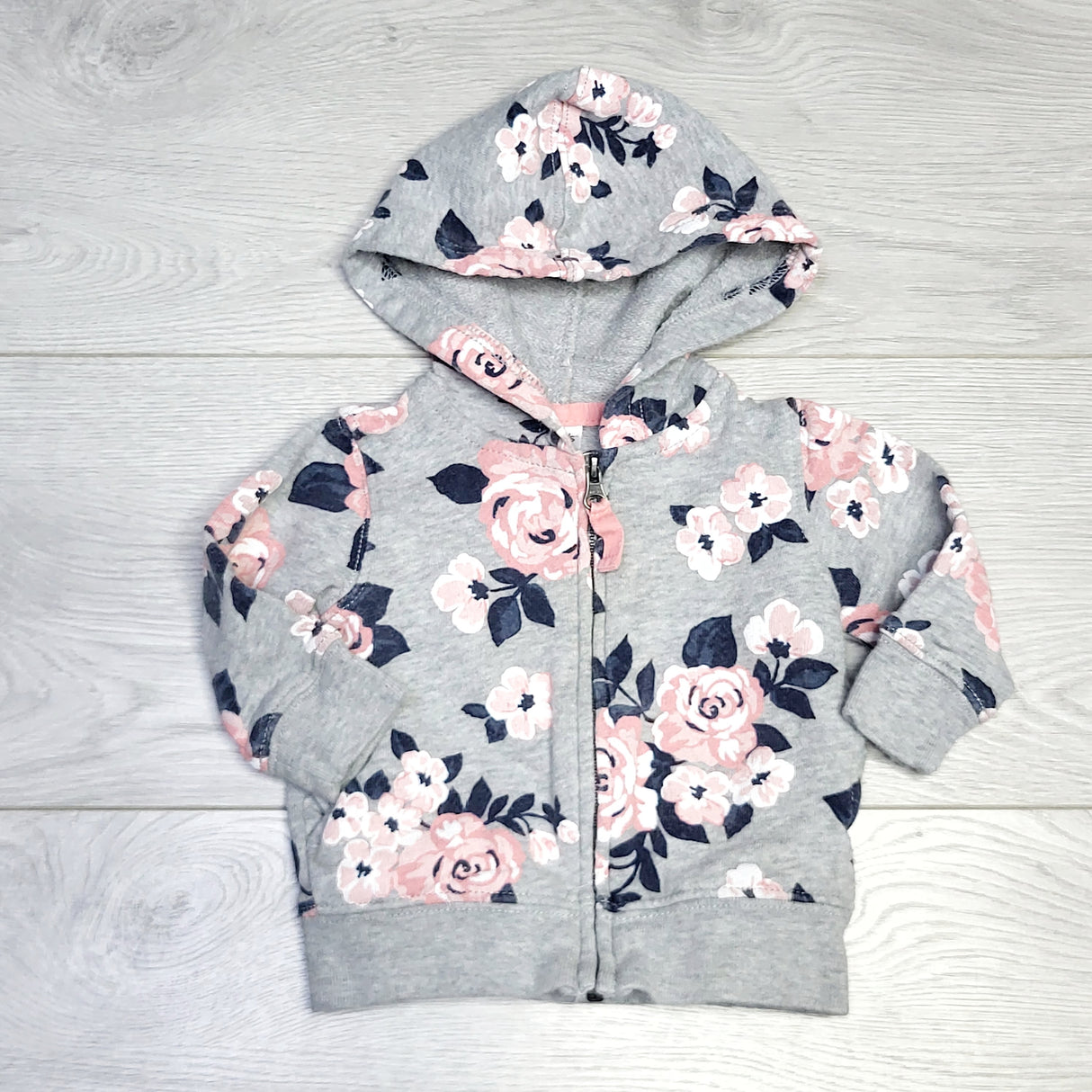 KJHN1 - Carters grey floral print zippered cotton hoodie. Size 3 months
