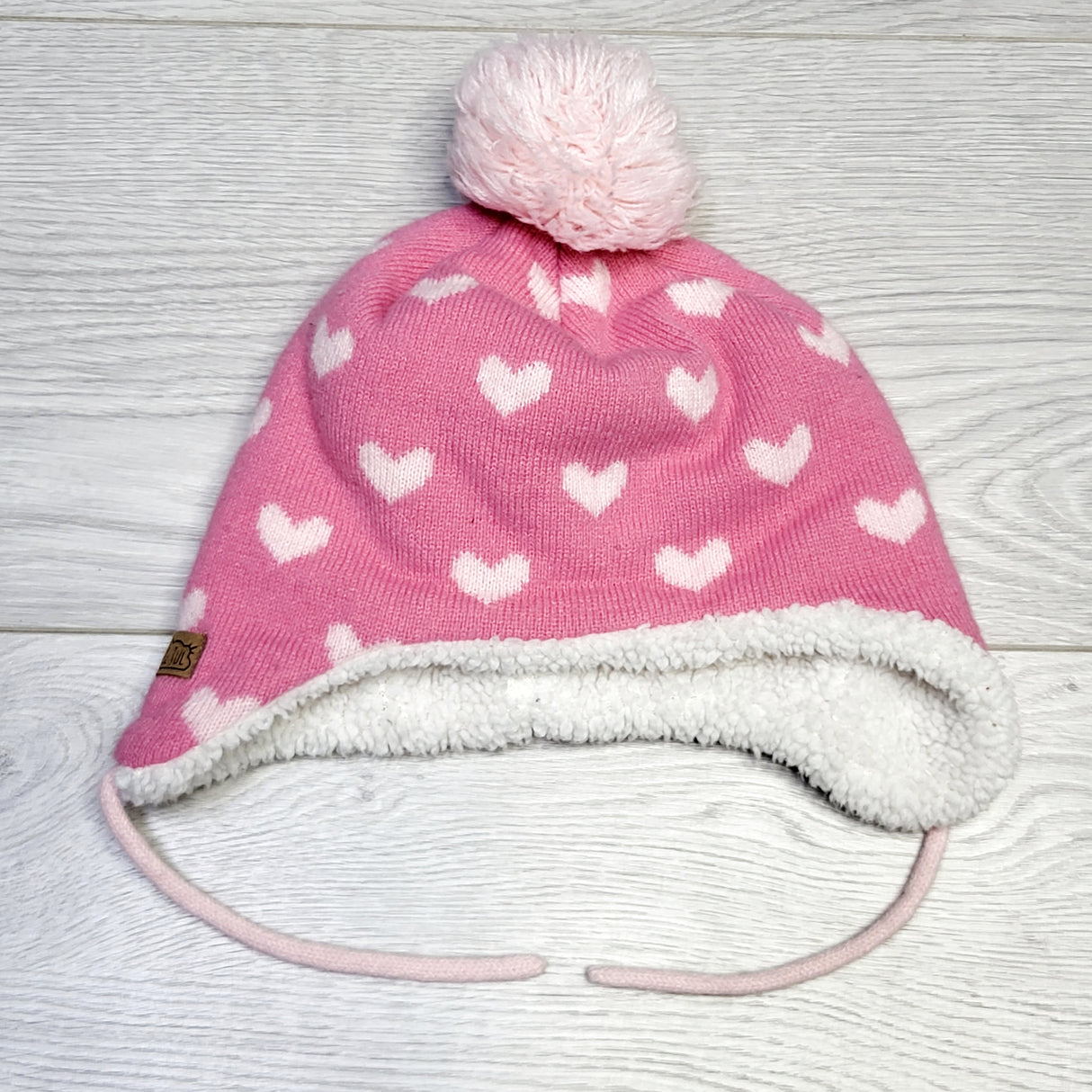 KJHN1 - Jan and Jul minky lined hat with hearts. Size small (3-9 months)