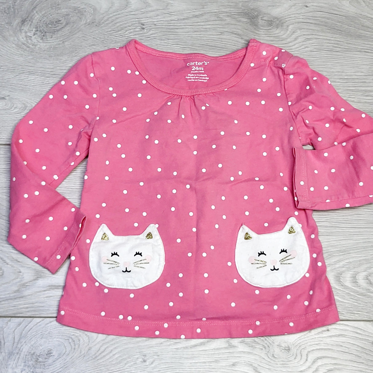 KJHN2 - Carters pink polka dot tunic with cats. Size 24 months