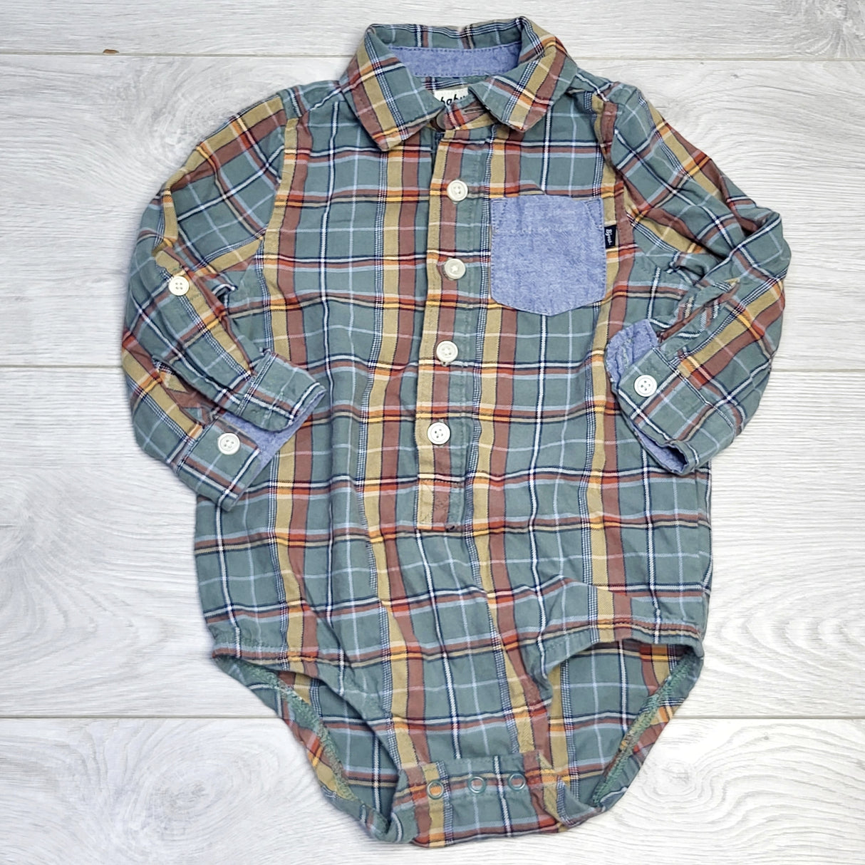 ZTHN2 - Baby B'gosh green plaid button down bodysuit. Size 18 months