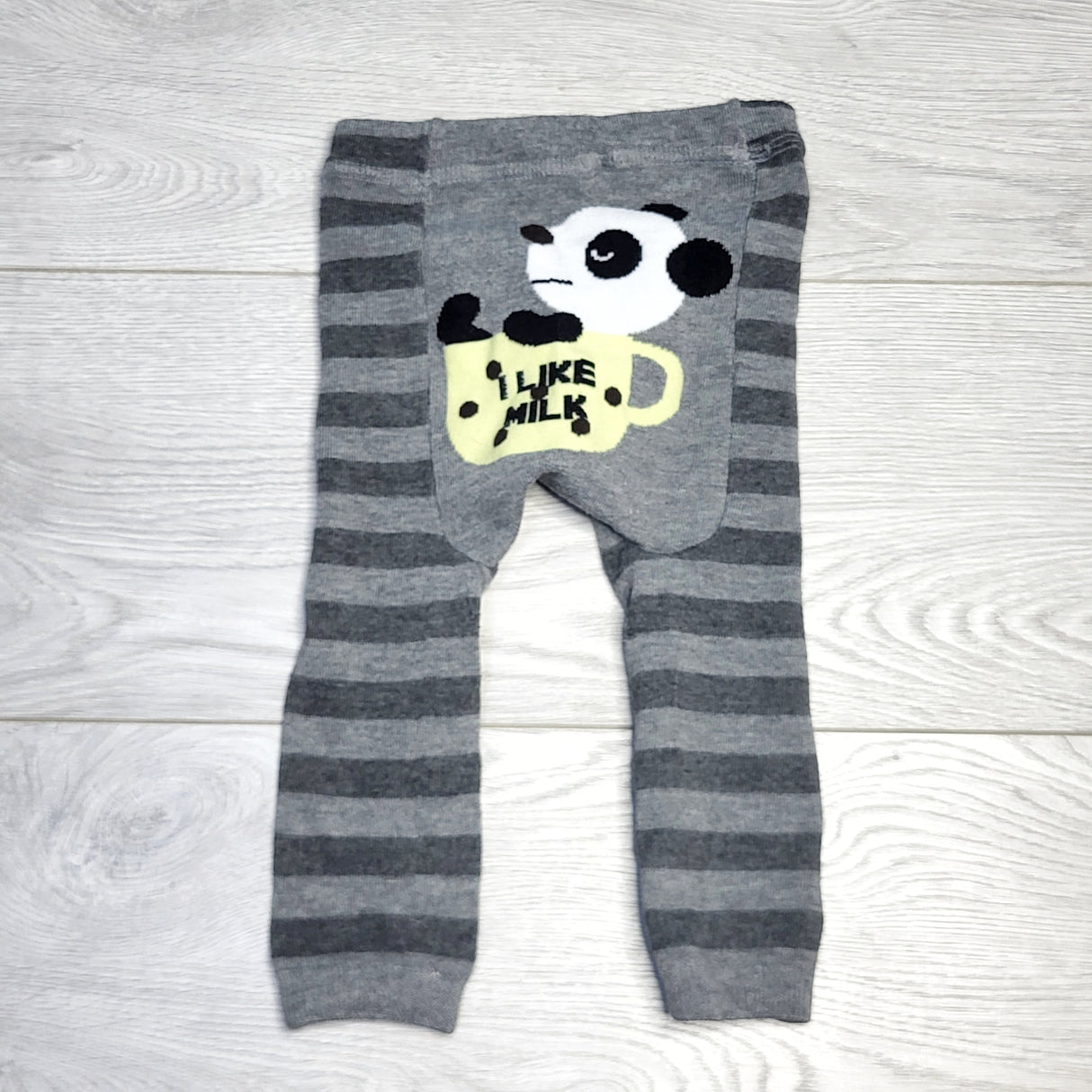 HRMP11 - Grey striped knit tights with panda. 12-18 months