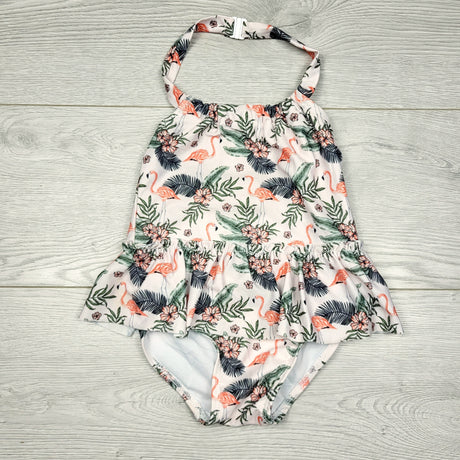 DMKY3 - Sol Swim pink tropical print swimsuit with flamingos. Size 3T