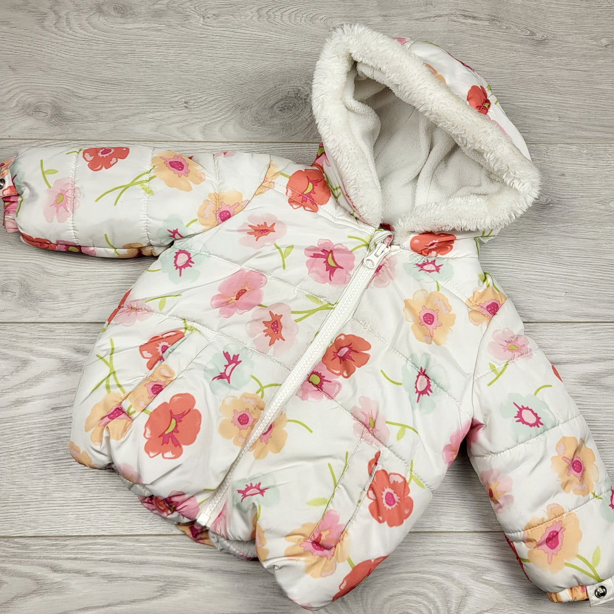 SPLT1 - Joe white fleece lined floral print winter coat. Size 6-12 months