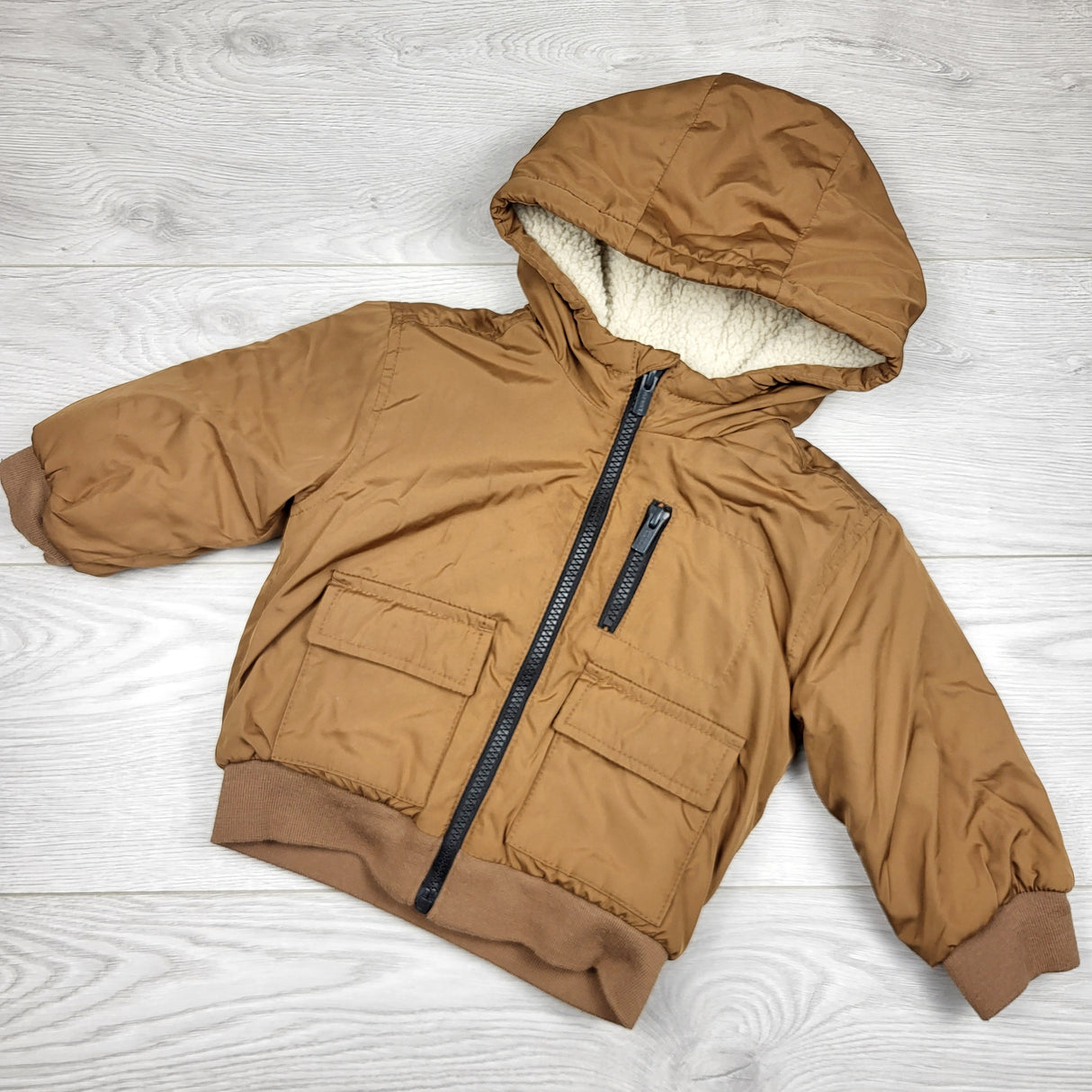 SPLT1 - Old Navy tan sherpa lined hooded jacket. Size 18-24 months