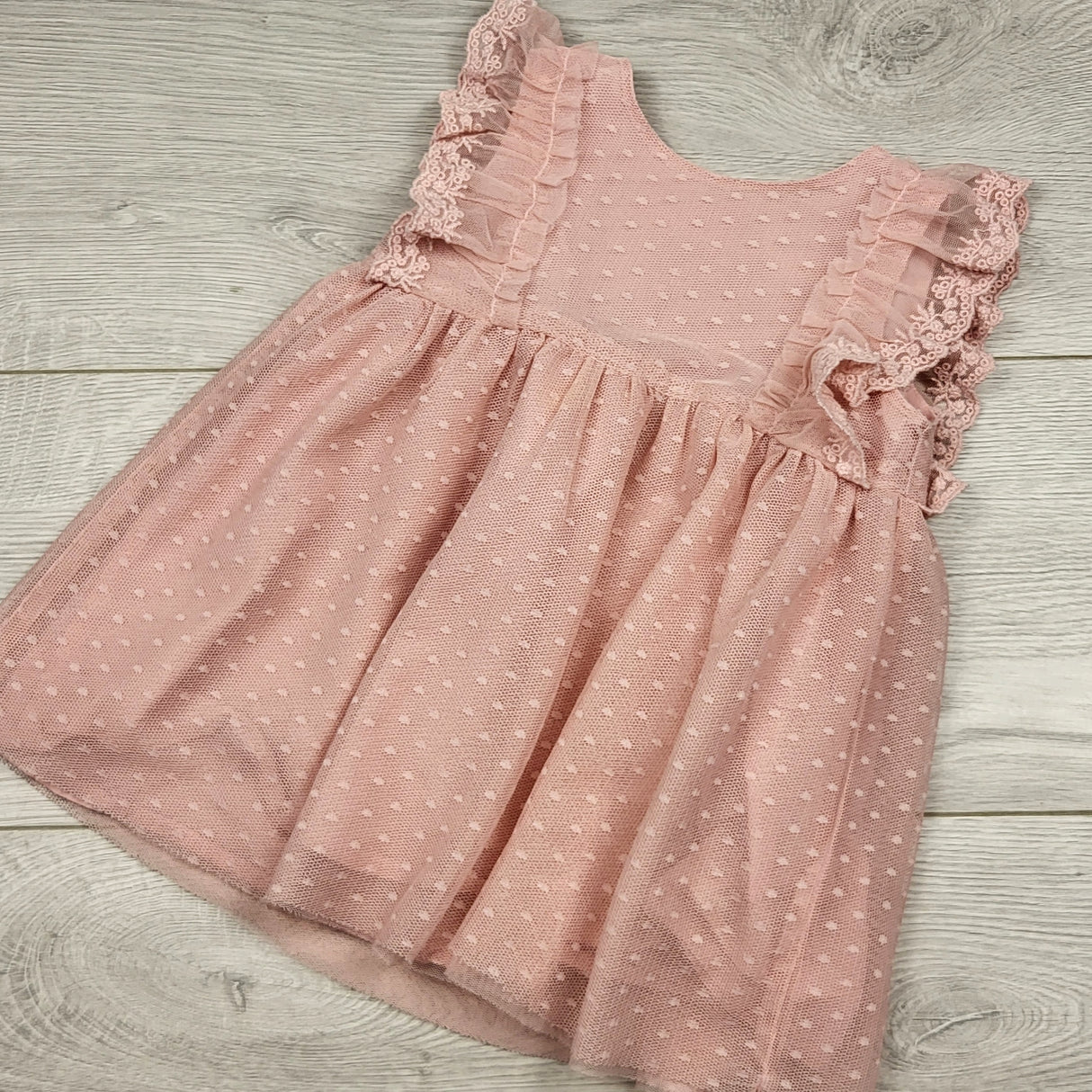 THJN1 - Gap soft pink dress with ruffles and tulle overlay. Size 6-12 months