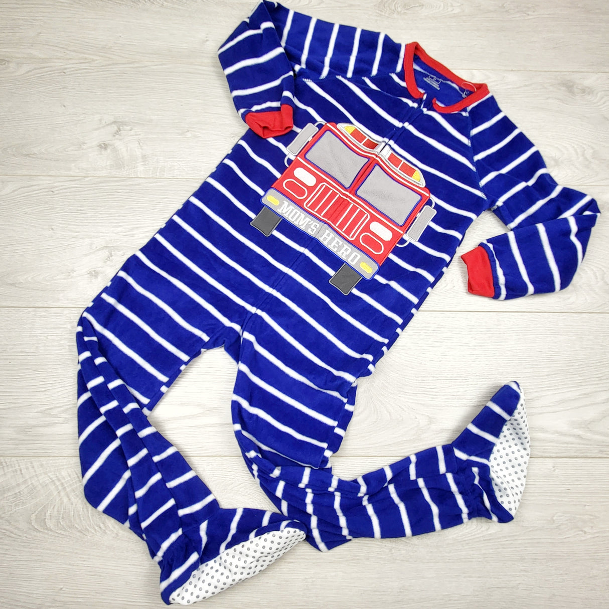 AHFF4 - Children's Place blue striped zippered fleece sleeper with fire truck. Size 5T