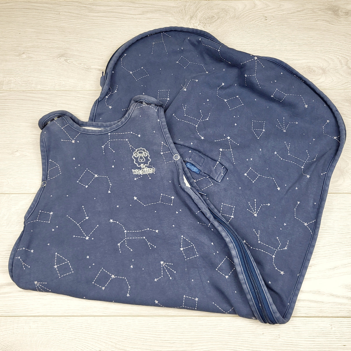 EING3 - Woolino blue Merino wool / cotton all seasons sleep sack in "Night Sky" pattern. Size 6-24 months