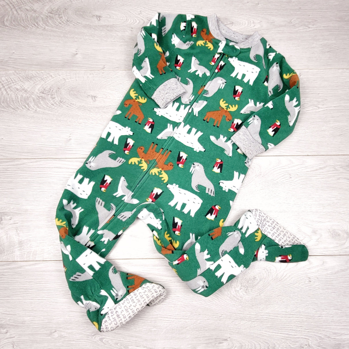 APPL1 - Carters green zippered fleece sleeper with animals. Size 18 months