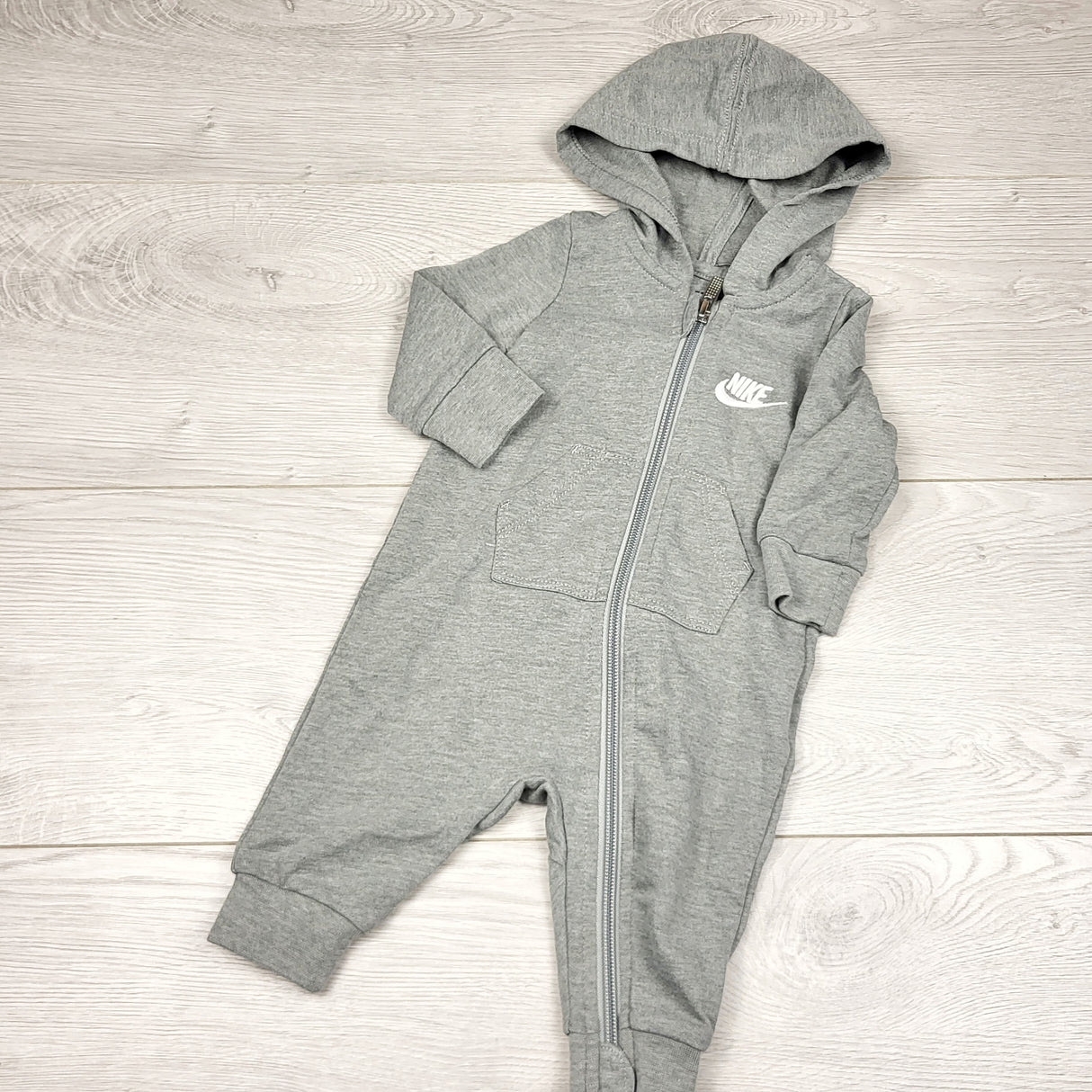 MRSH1 - Nike grey hooded cotton romper. Size 3 months