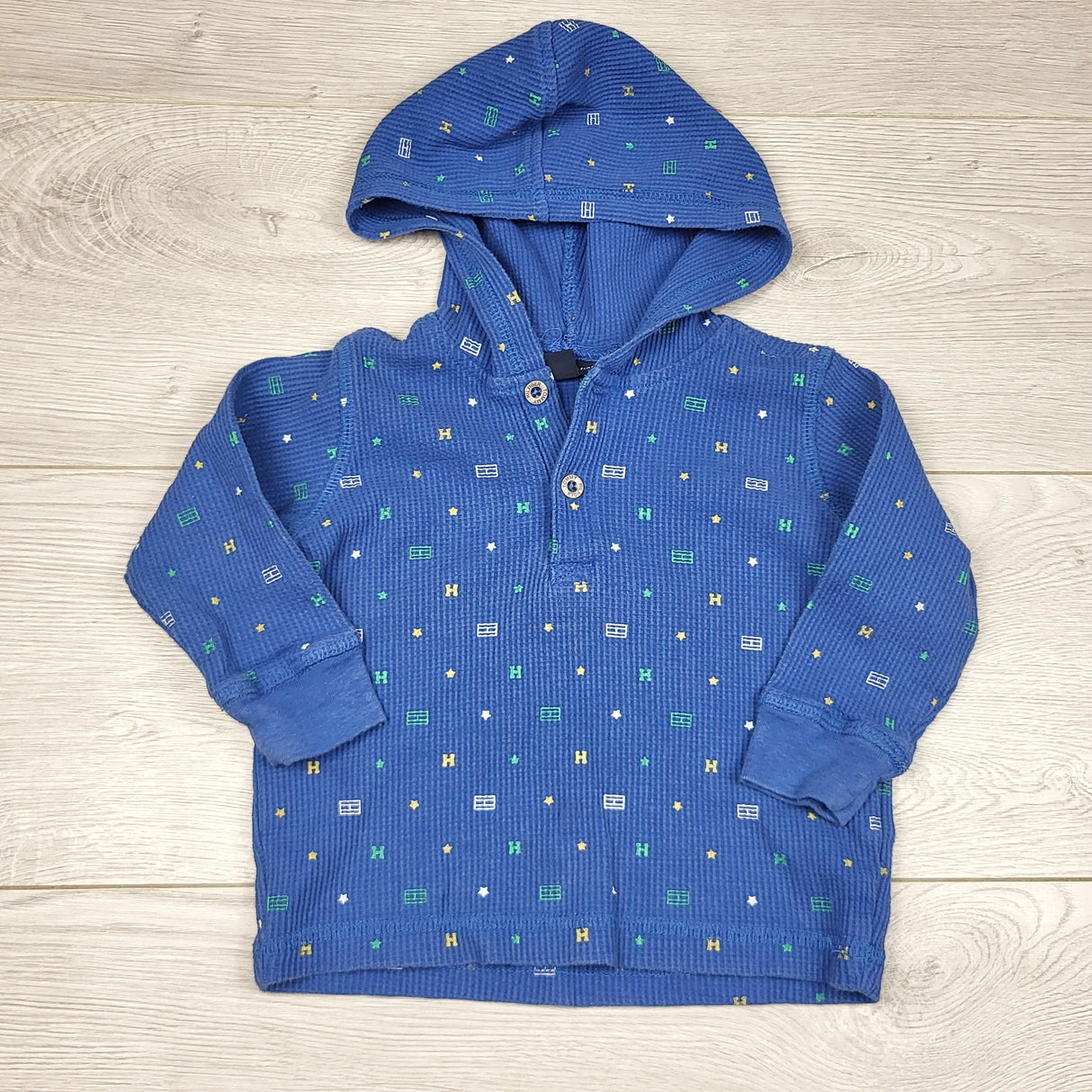 MRSH1 - Tommy Hilfiger blue hooded waffle knit top. Size 12 months