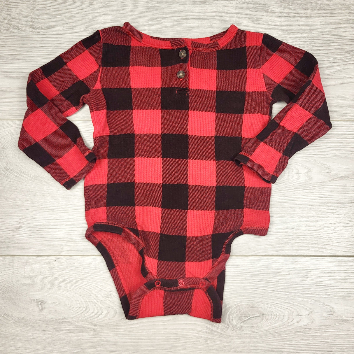 RBEN1 - Old Navy red buffalo plaid waffle knit bodysuit. Size 18-24 months