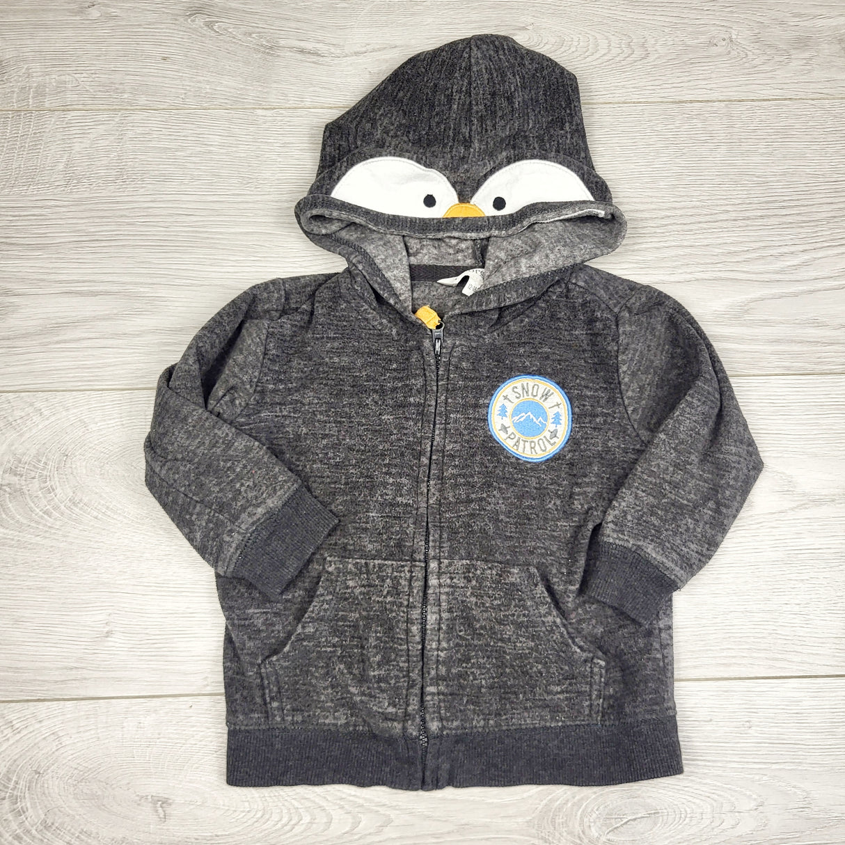 KHAN1 - George grey fleece hoodie with penguin. Size 12-18 months