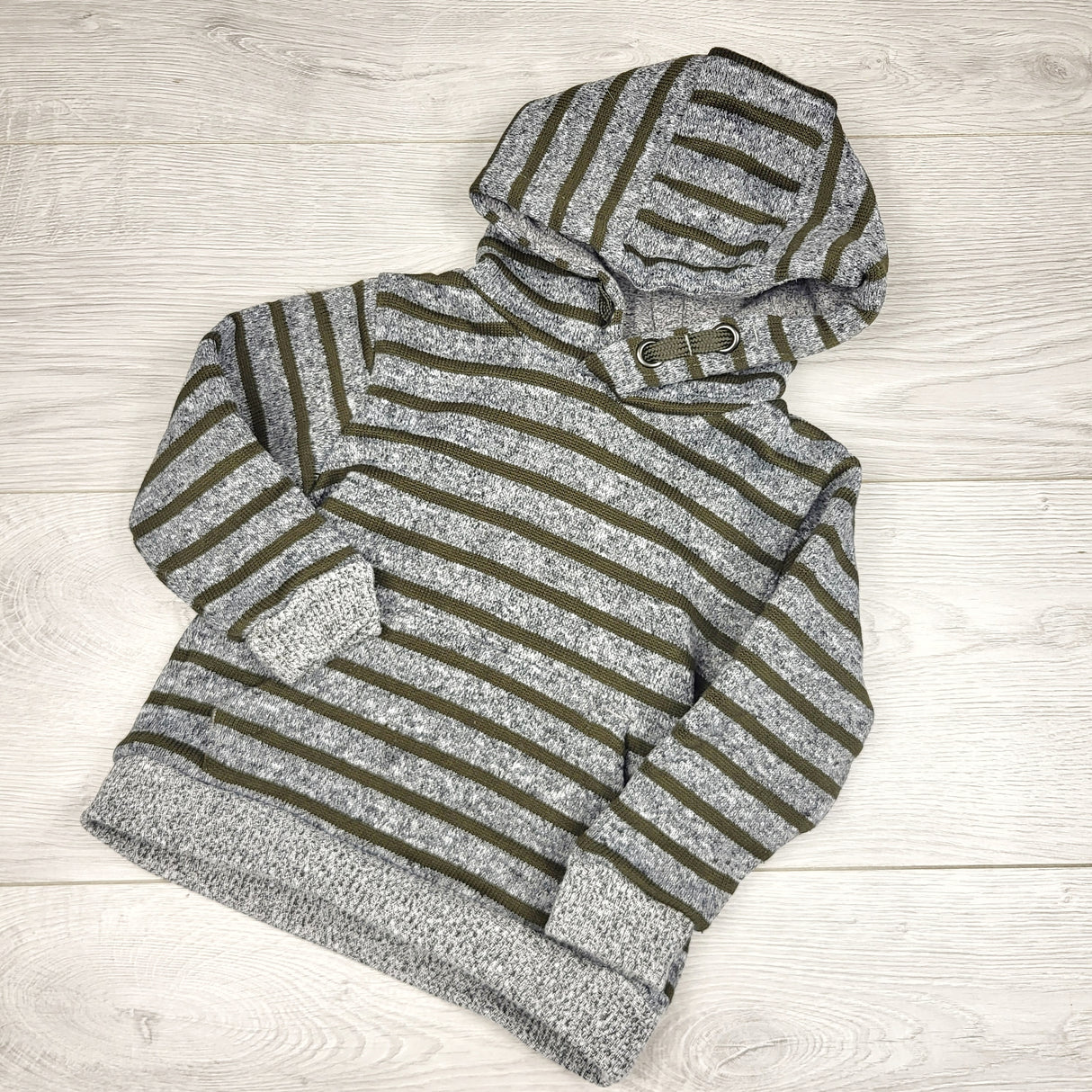 KHAN1 - George grey and green striped fleecy lined pullover hoodie. Size 18-24 months