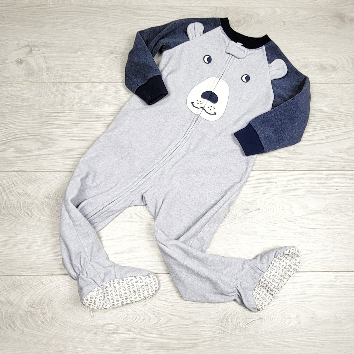 RBEN2 - Carters grey and blue zippered fleece sleeper with bear. Size 18 months