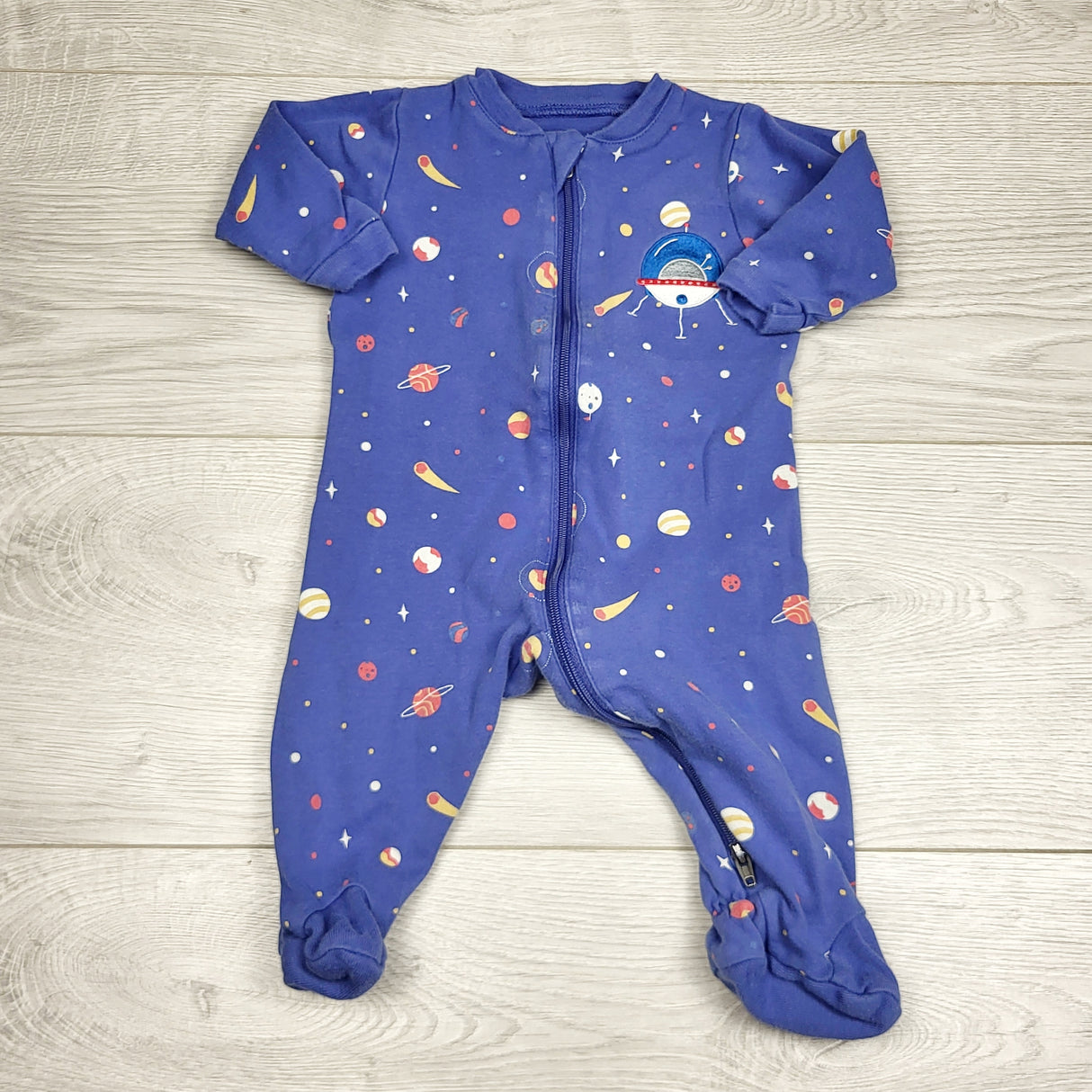 RBEN2- Tuffy blue zippered cotton sleeper with space theme. Size 3 months