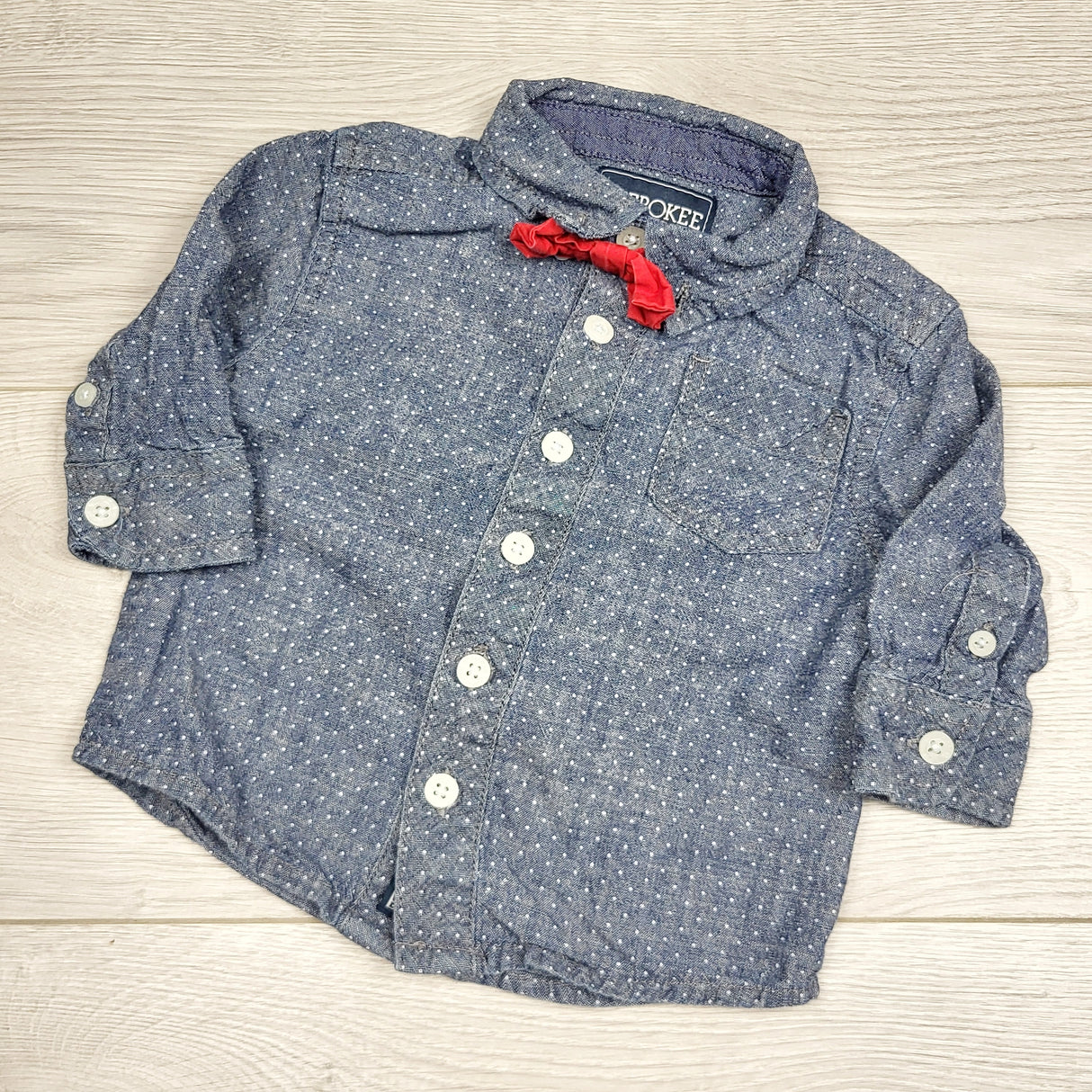 RBEN2 - Cherokee chambray button down shirt with bow tie. Size 6 months